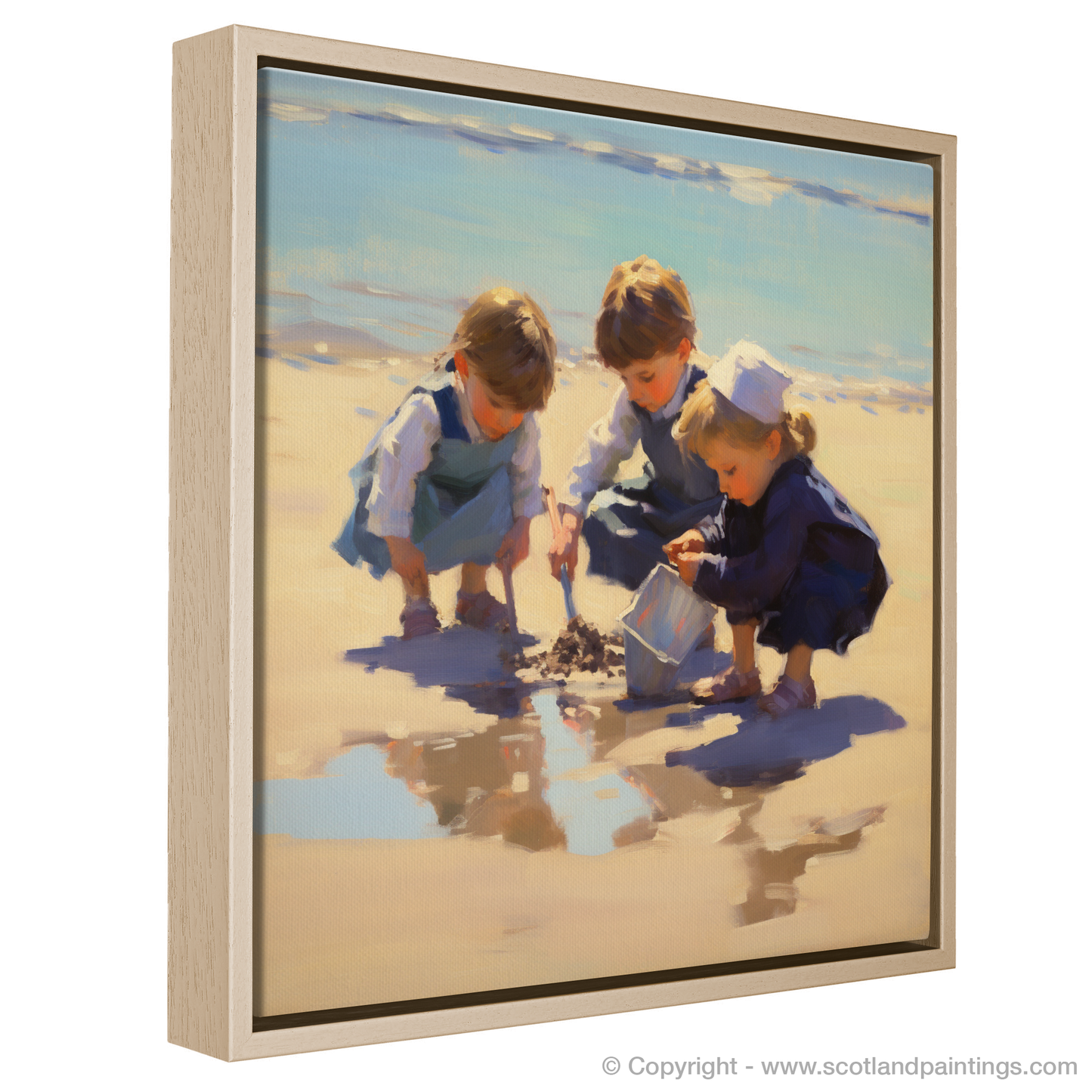 Painting and Art Print of Three children digging in the sand at St. Andrews Beach entitled "Children of the Shore: A Day at St. Andrews Beach".