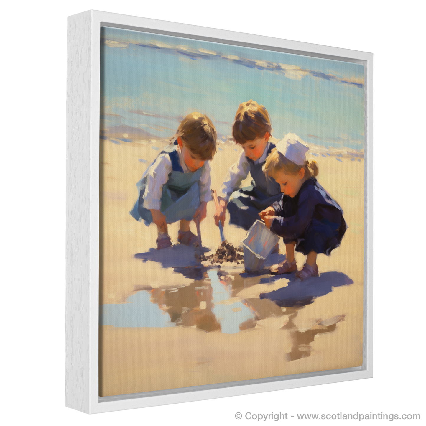 Painting and Art Print of Three children digging in the sand at St. Andrews Beach entitled "Children of the Shore: A Day at St. Andrews Beach".