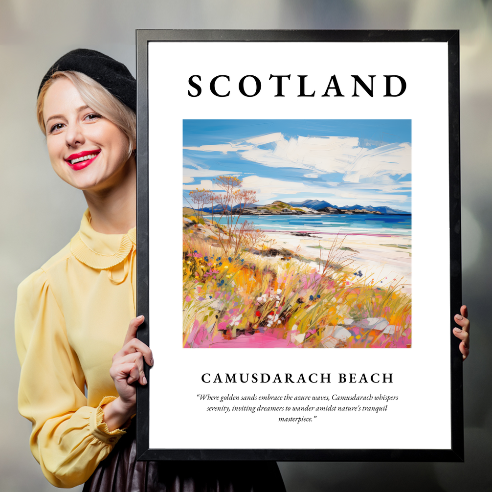 Person holding a poster of Camusdarach Beach