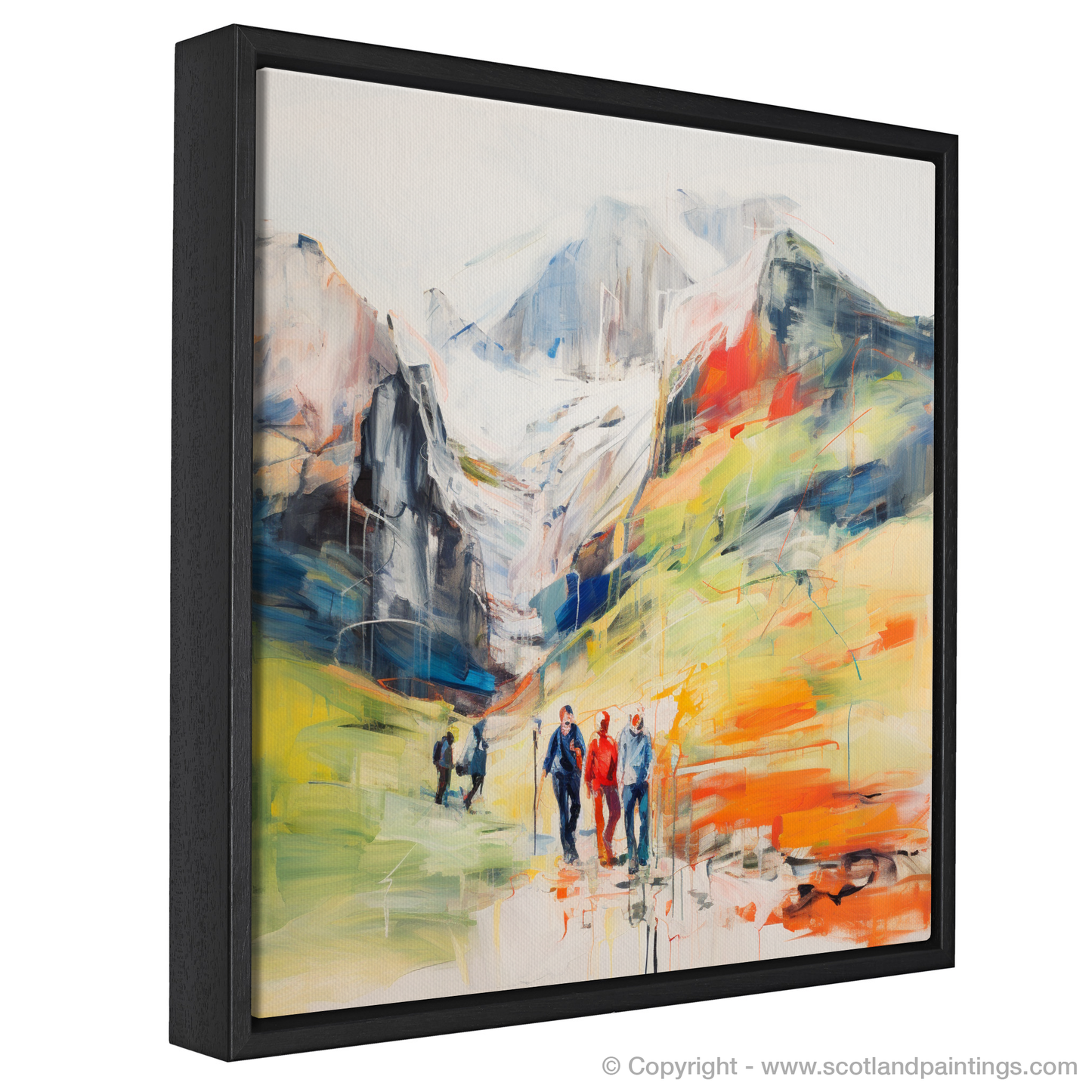 Painting and Art Print of Hikers in Glencoe entitled "Hikers' Jubilee in Vibrant Glencoe".