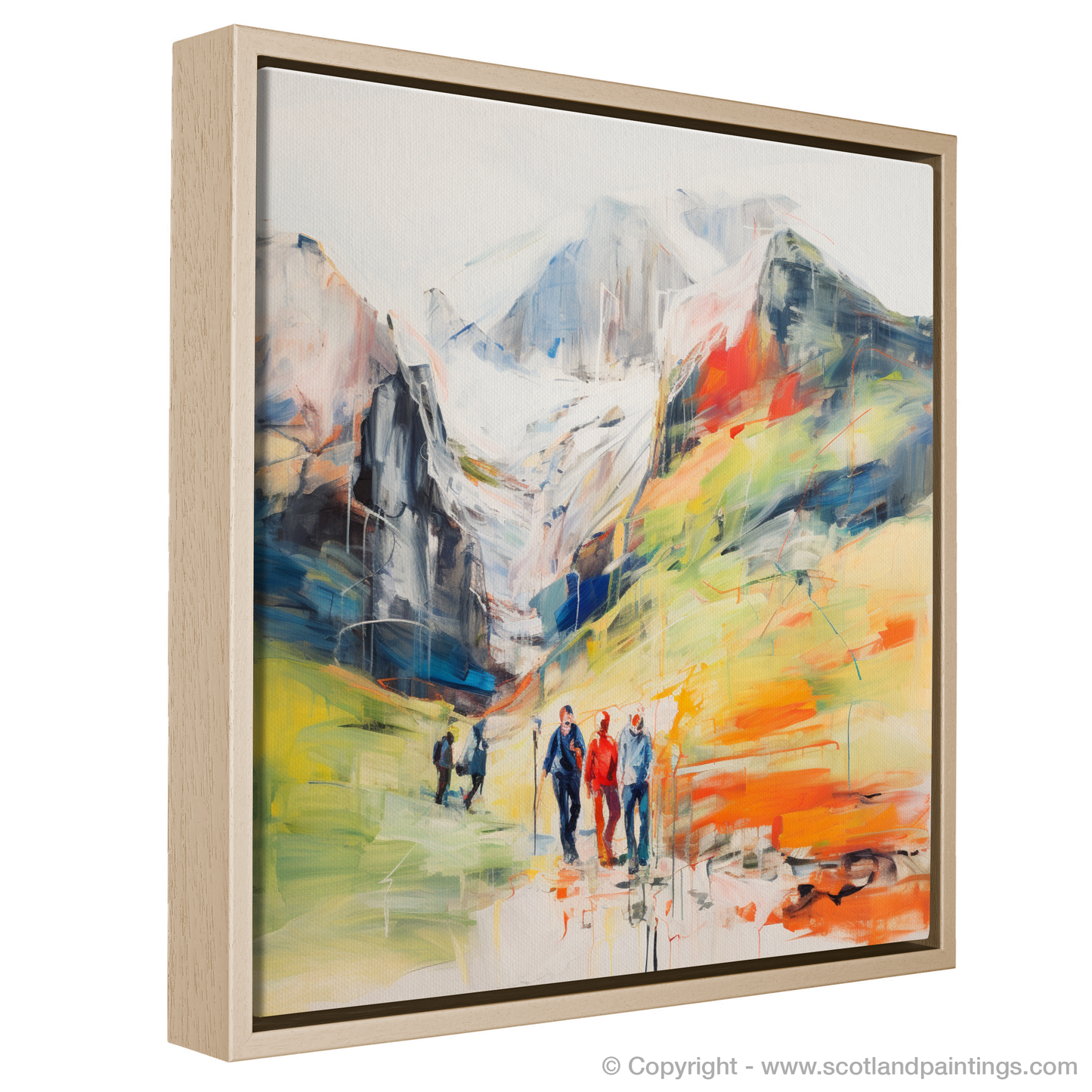 Painting and Art Print of Hikers in Glencoe entitled "Hikers' Jubilee in Vibrant Glencoe".