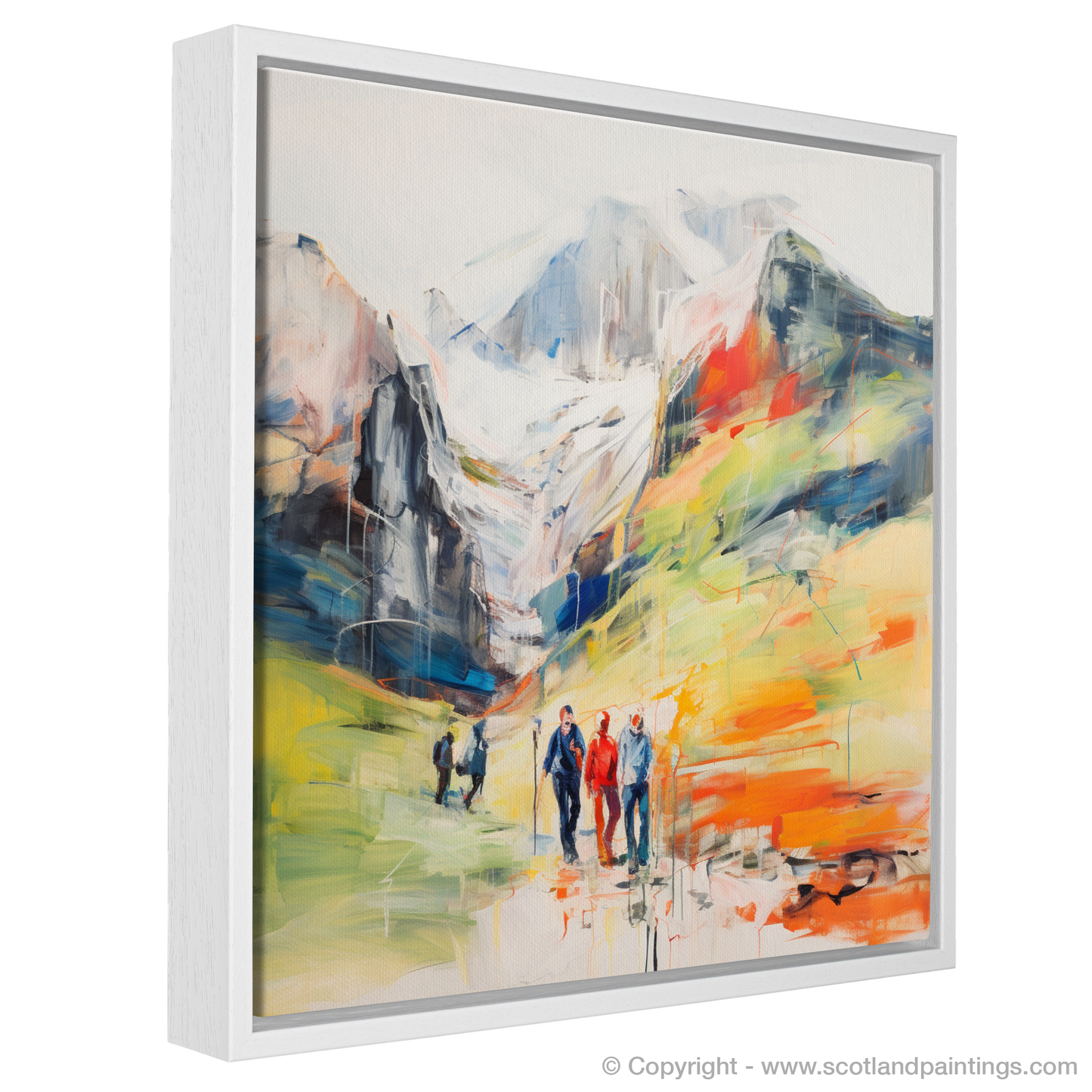 Painting and Art Print of Hikers in Glencoe entitled "Hikers' Jubilee in Vibrant Glencoe".