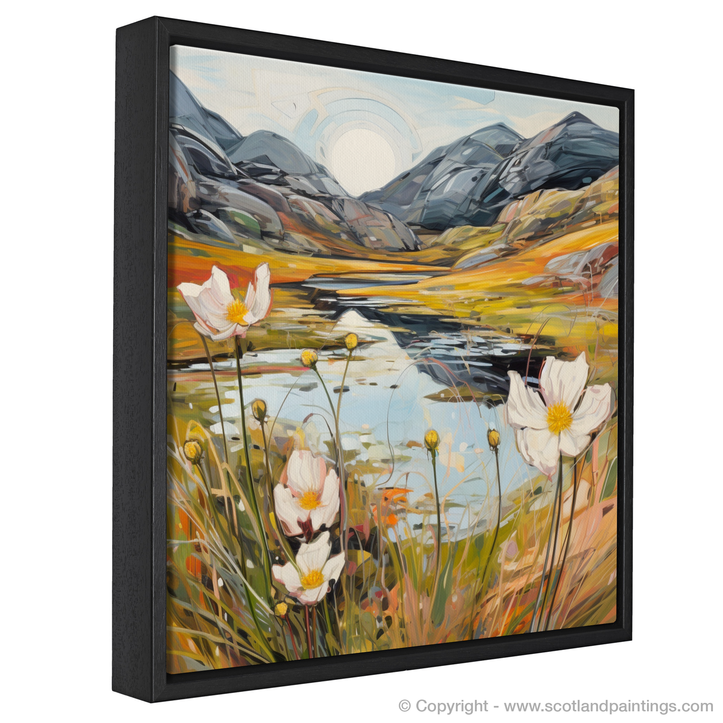 Painting and Art Print of Mountain avens near serene lochan in Glencoe entitled "Enchanted Glencoe: A Contemporary Ode to Mountain Avens and Serene Lochan".