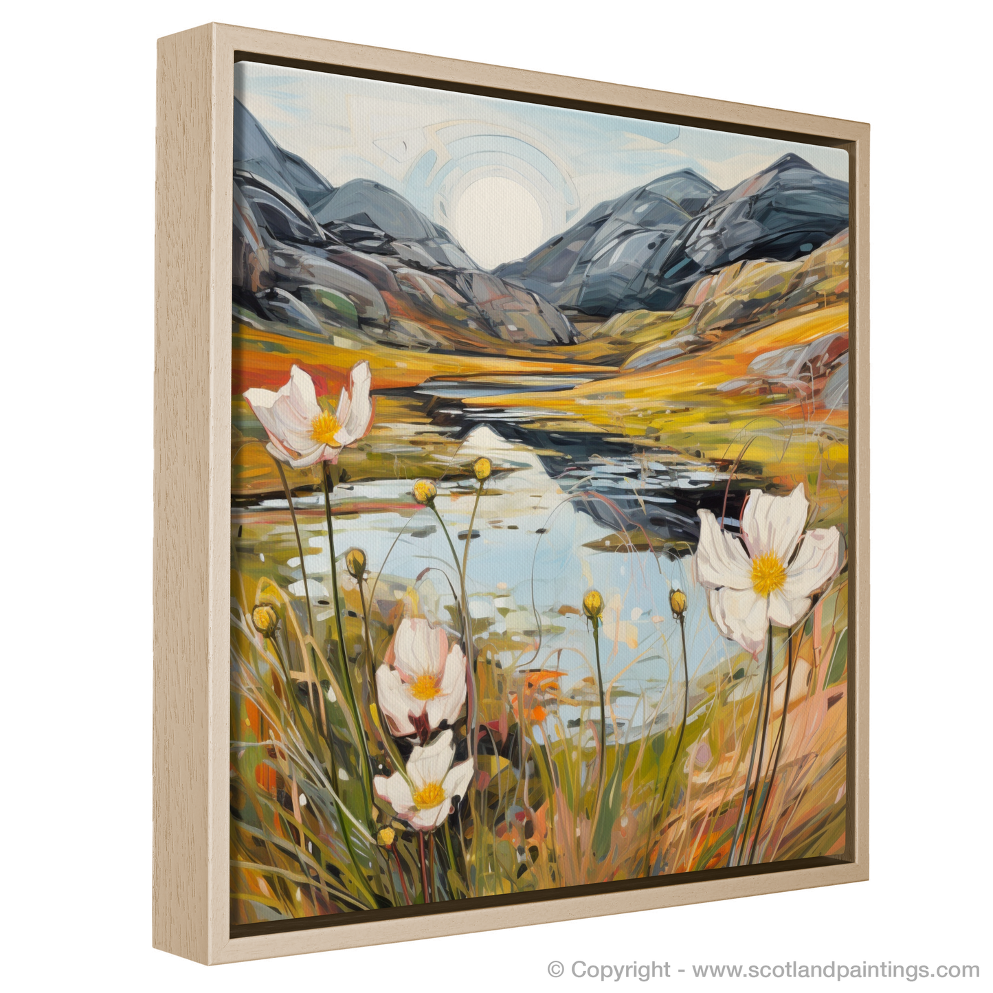 Painting and Art Print of Mountain avens near serene lochan in Glencoe entitled "Enchanted Glencoe: A Contemporary Ode to Mountain Avens and Serene Lochan".