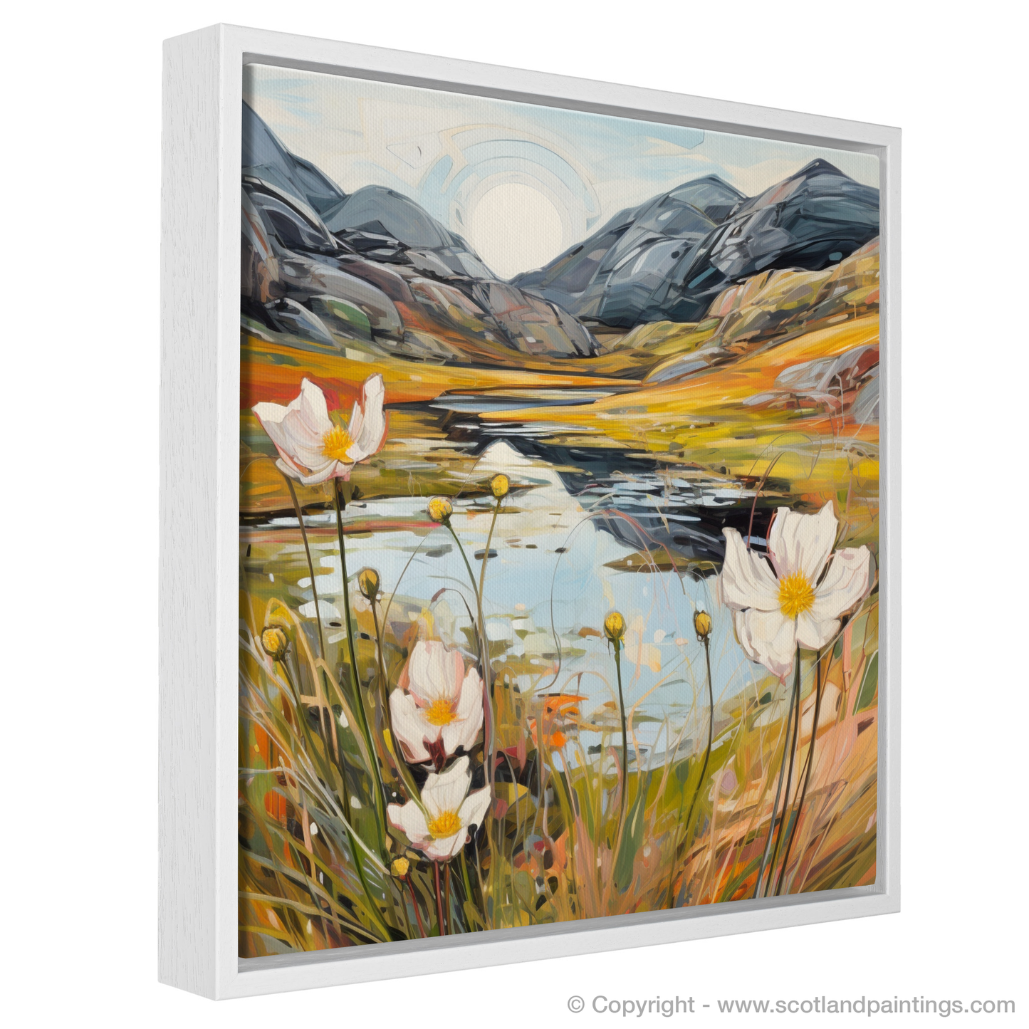 Painting and Art Print of Mountain avens near serene lochan in Glencoe entitled "Enchanted Glencoe: A Contemporary Ode to Mountain Avens and Serene Lochan".