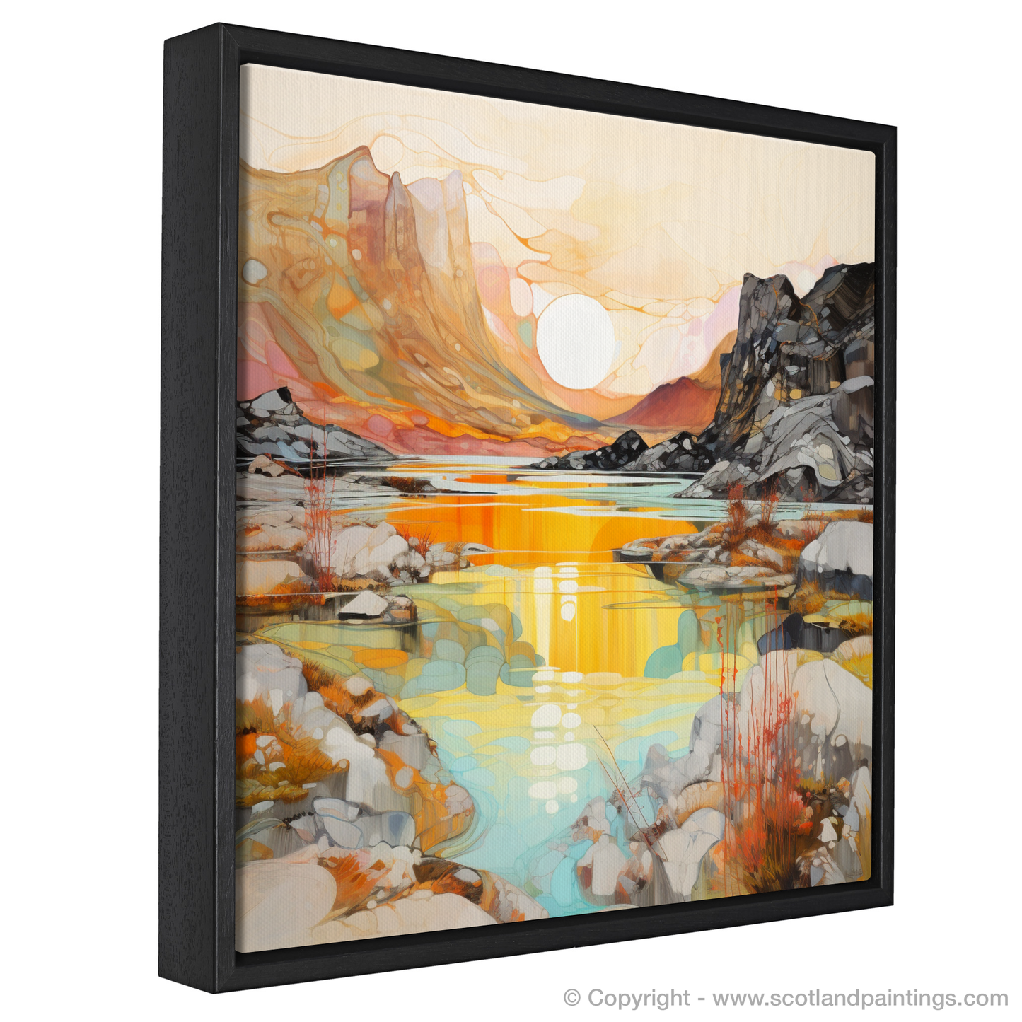 Painting and Art Print of Isle of Skye Fairy Pools at golden hour in summer entitled "Golden Hour Enchantment at Isle of Skye's Fairy Pools".