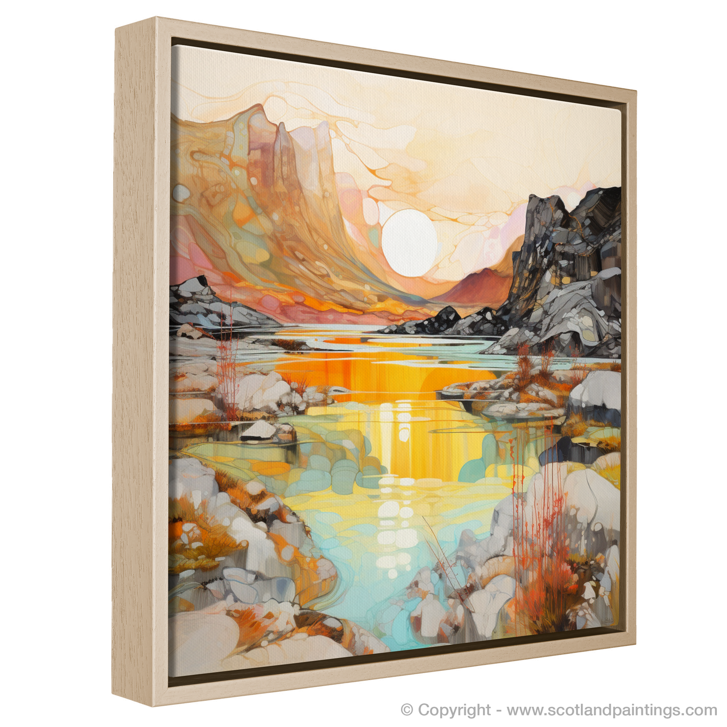 Painting and Art Print of Isle of Skye Fairy Pools at golden hour in summer entitled "Golden Hour Enchantment at Isle of Skye's Fairy Pools".