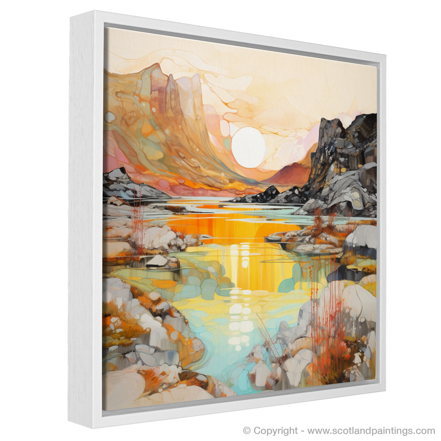 Painting and Art Print of Isle of Skye Fairy Pools at golden hour in summer entitled "Golden Hour Enchantment at Isle of Skye's Fairy Pools".