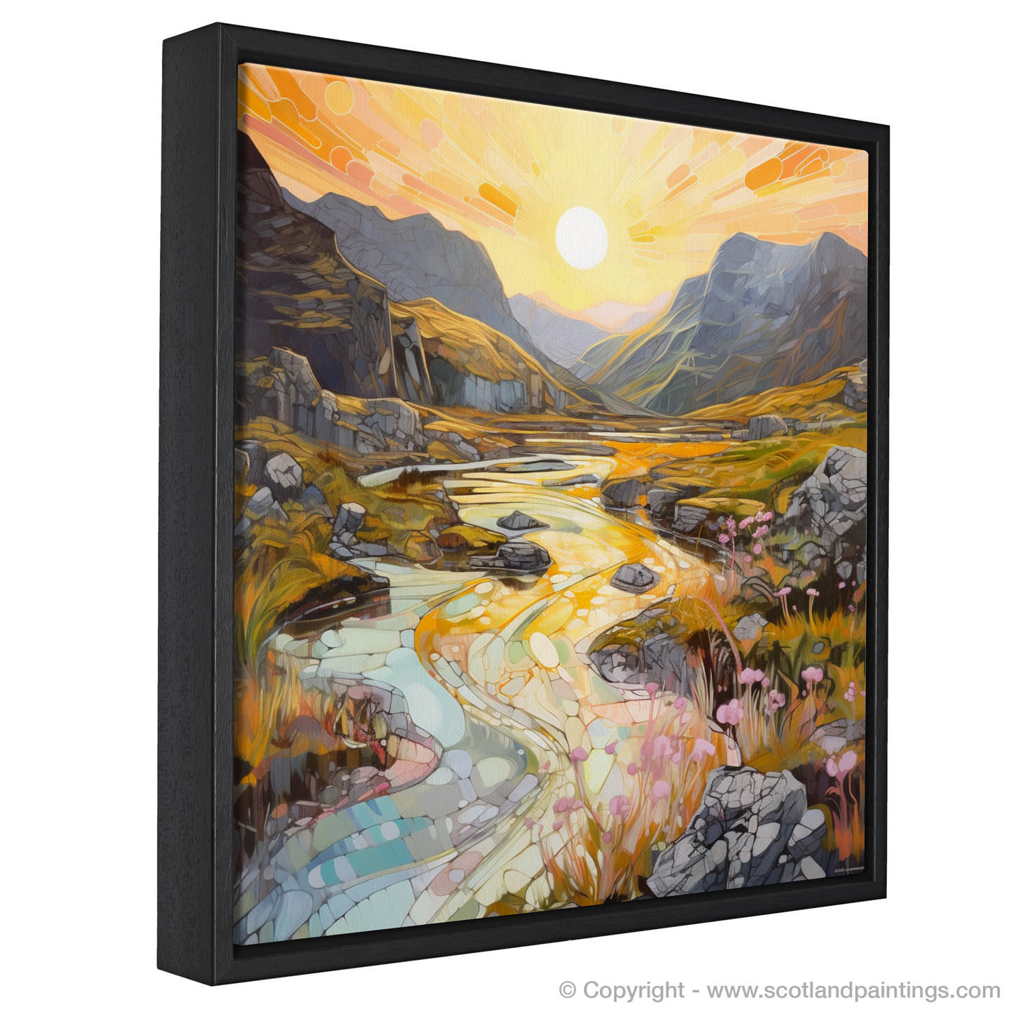 Painting and Art Print of Isle of Skye Fairy Pools at golden hour in summer entitled "Golden Hour at Fairy Pools: A Contemporary Vision of Scotland's Summer Splendour".