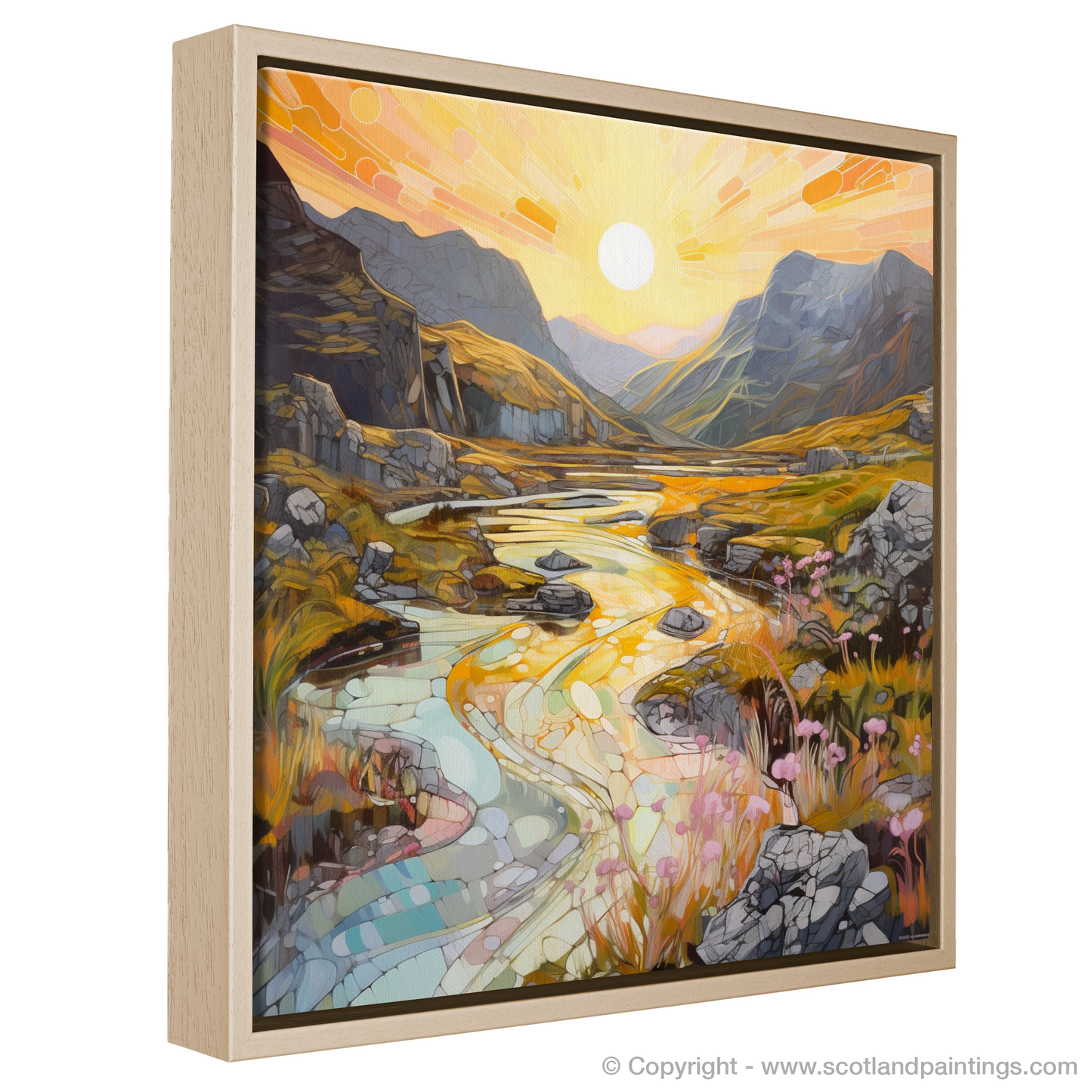 Painting and Art Print of Isle of Skye Fairy Pools at golden hour in summer entitled "Golden Hour at Fairy Pools: A Contemporary Vision of Scotland's Summer Splendour".