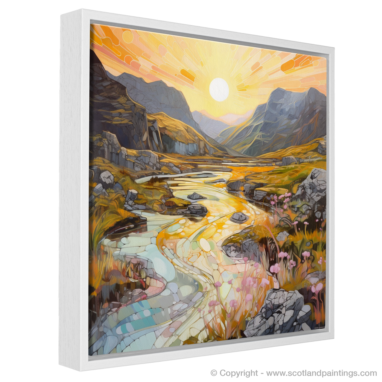 Painting and Art Print of Isle of Skye Fairy Pools at golden hour in summer entitled "Golden Hour at Fairy Pools: A Contemporary Vision of Scotland's Summer Splendour".