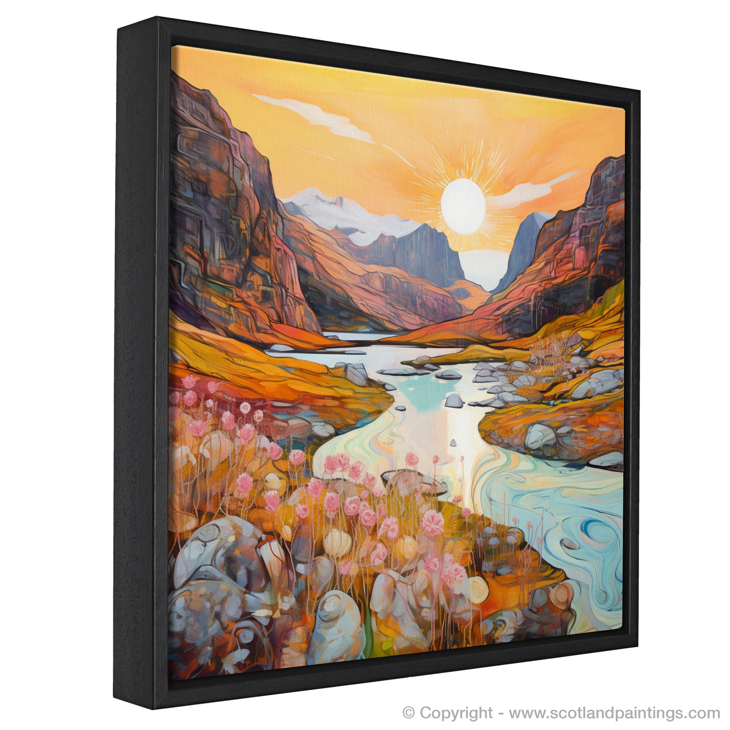 Painting and Art Print of Isle of Skye Fairy Pools at golden hour in summer entitled "Golden Hour Magic at Isle of Skye Fairy Pools".