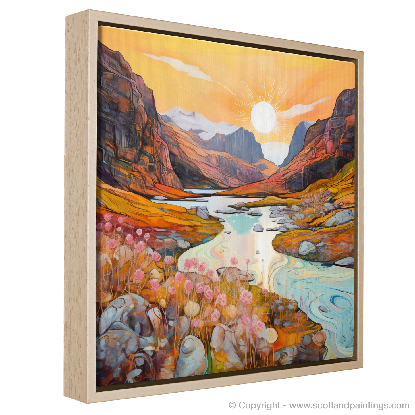 Painting and Art Print of Isle of Skye Fairy Pools at golden hour in summer entitled "Golden Hour Magic at Isle of Skye Fairy Pools".