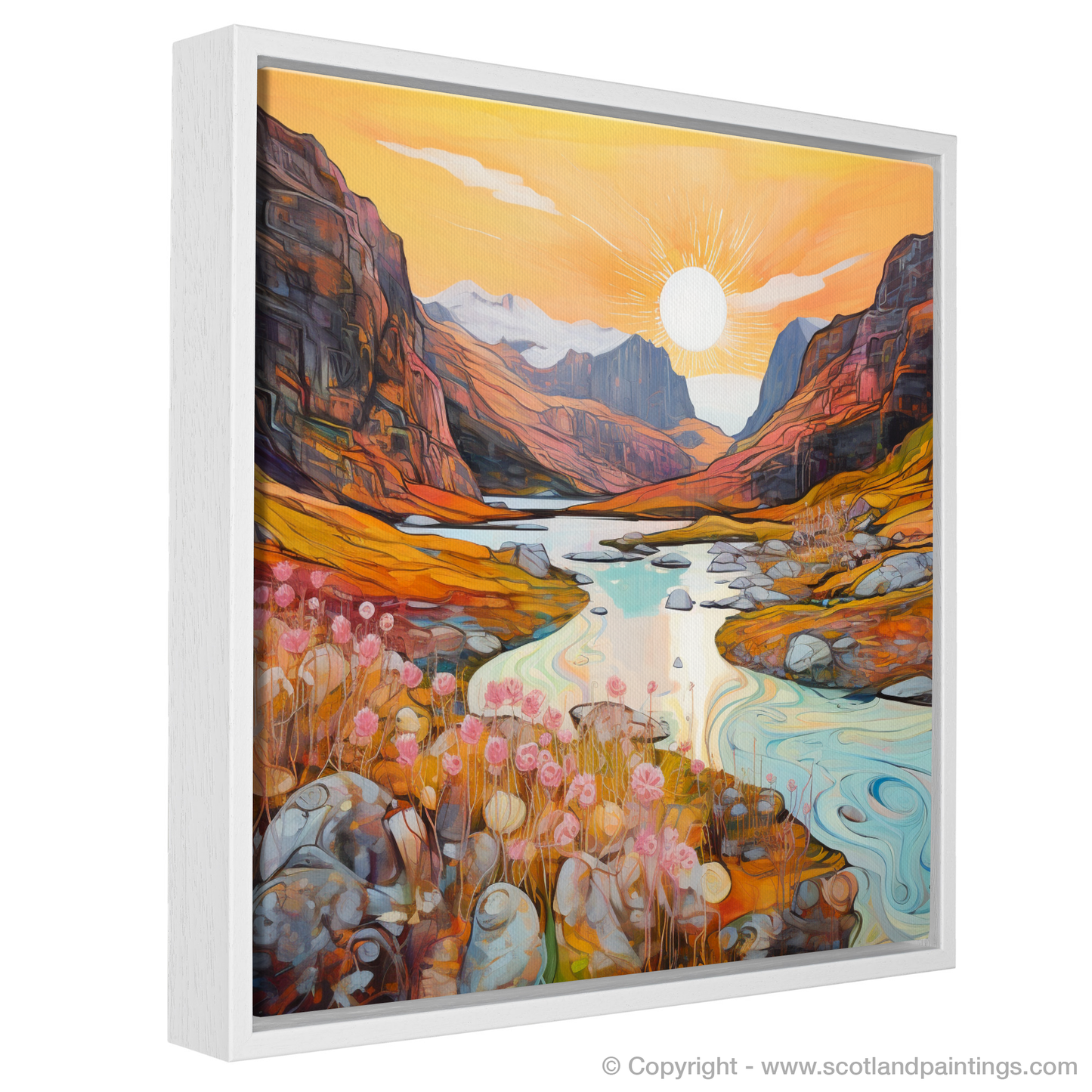 Painting and Art Print of Isle of Skye Fairy Pools at golden hour in summer entitled "Golden Hour Magic at Isle of Skye Fairy Pools".