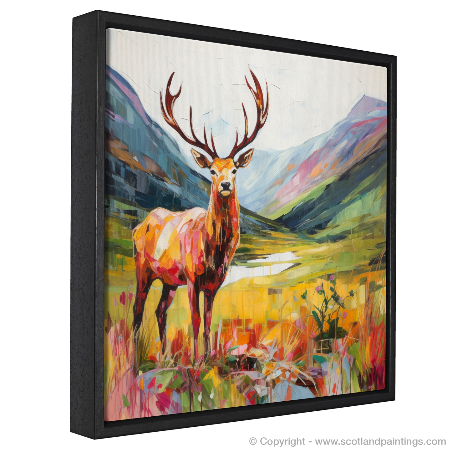 Painting and Art Print of A stag in Glencoe during summer entitled "Majestic Stag of Glencoe: A Summer Sovereign".