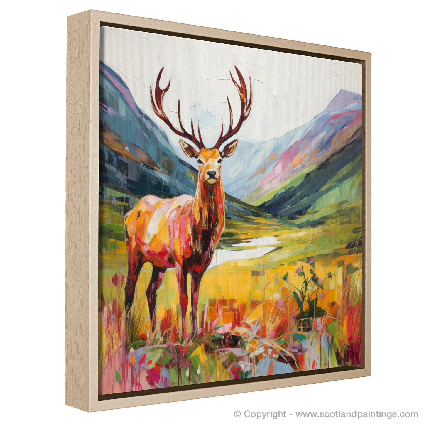 Painting and Art Print of A stag in Glencoe during summer entitled "Majestic Stag of Glencoe: A Summer Sovereign".