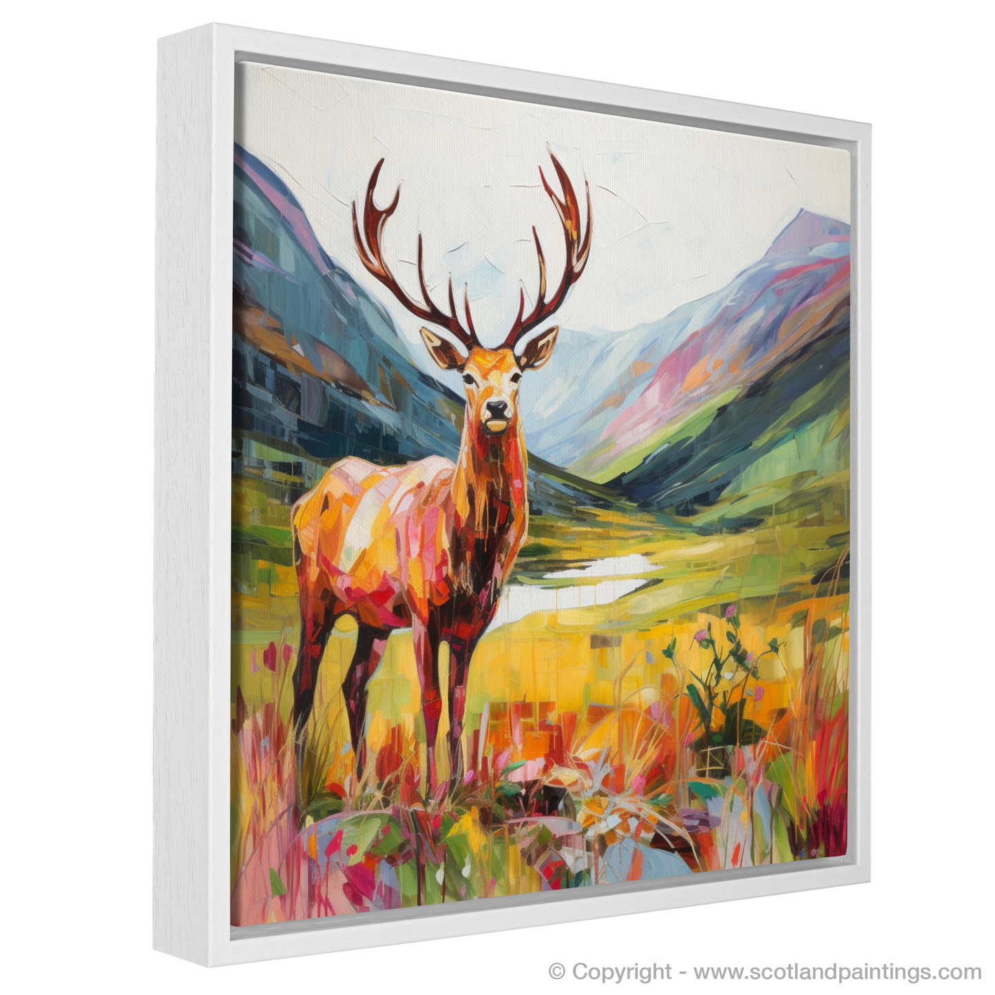 Painting and Art Print of A stag in Glencoe during summer entitled "Majestic Stag of Glencoe: A Summer Sovereign".