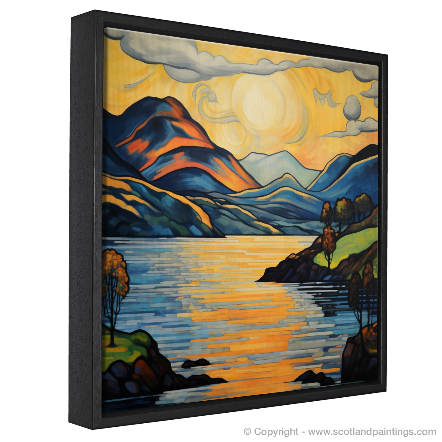 Painting and Art Print of Loch Lomond entitled "Golden Hour at Loch Lomond: An Art Nouveau Tribute".