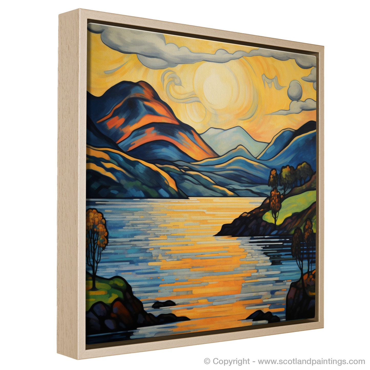 Painting and Art Print of Loch Lomond entitled "Golden Hour at Loch Lomond: An Art Nouveau Tribute".