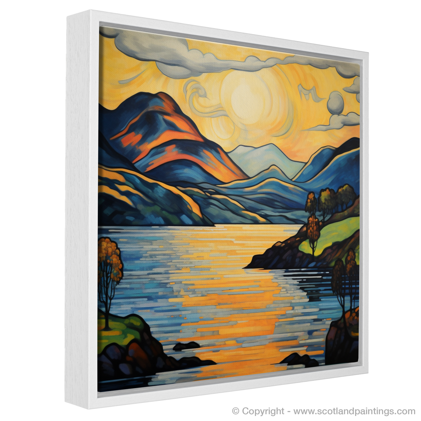 Painting and Art Print of Loch Lomond entitled "Golden Hour at Loch Lomond: An Art Nouveau Tribute".