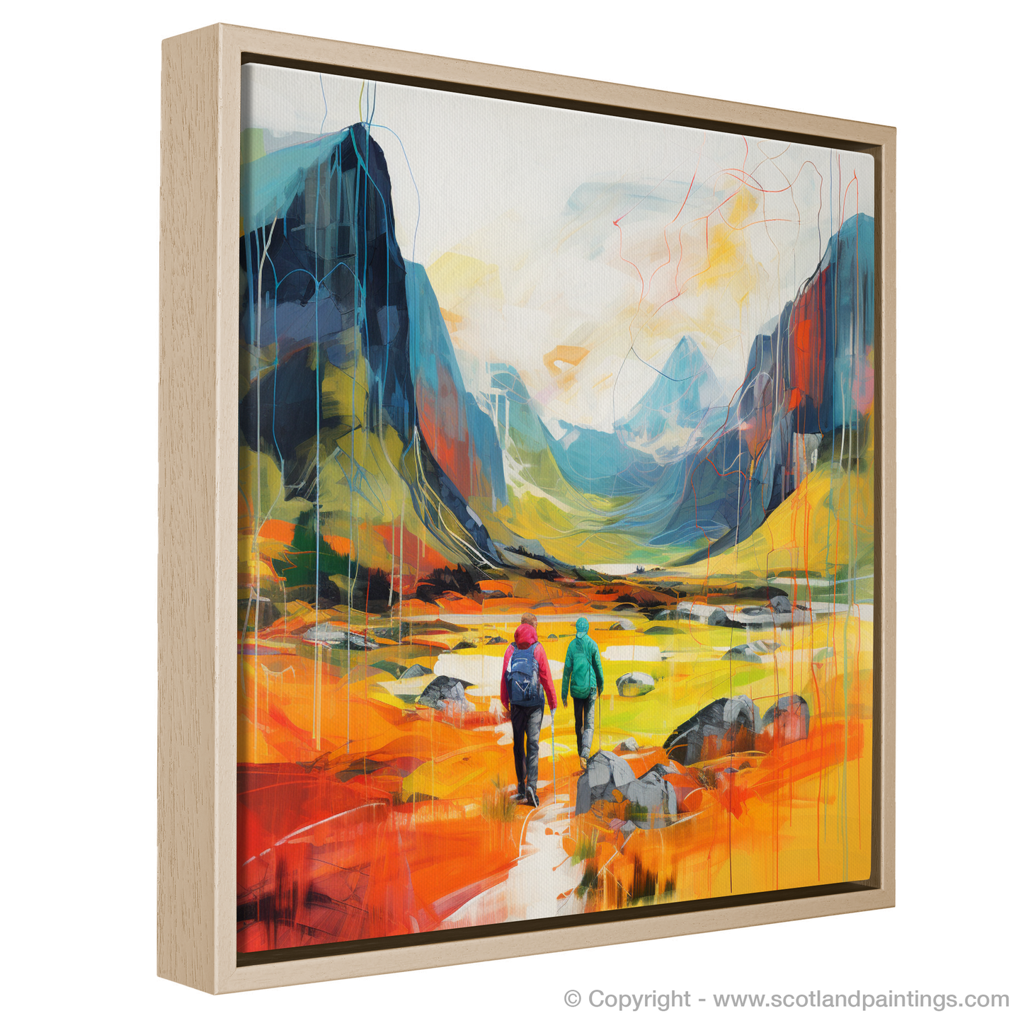 Painting and Art Print of Hikers in Glencoe. Hikers' Journey Through the Vibrant Glencoe Highlands.