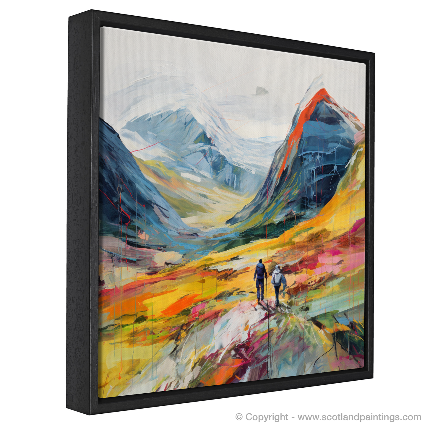 Painting and Art Print of Hikers in Glencoe. Hikers' Odyssey through the Vibrant Glencoe Highlands.