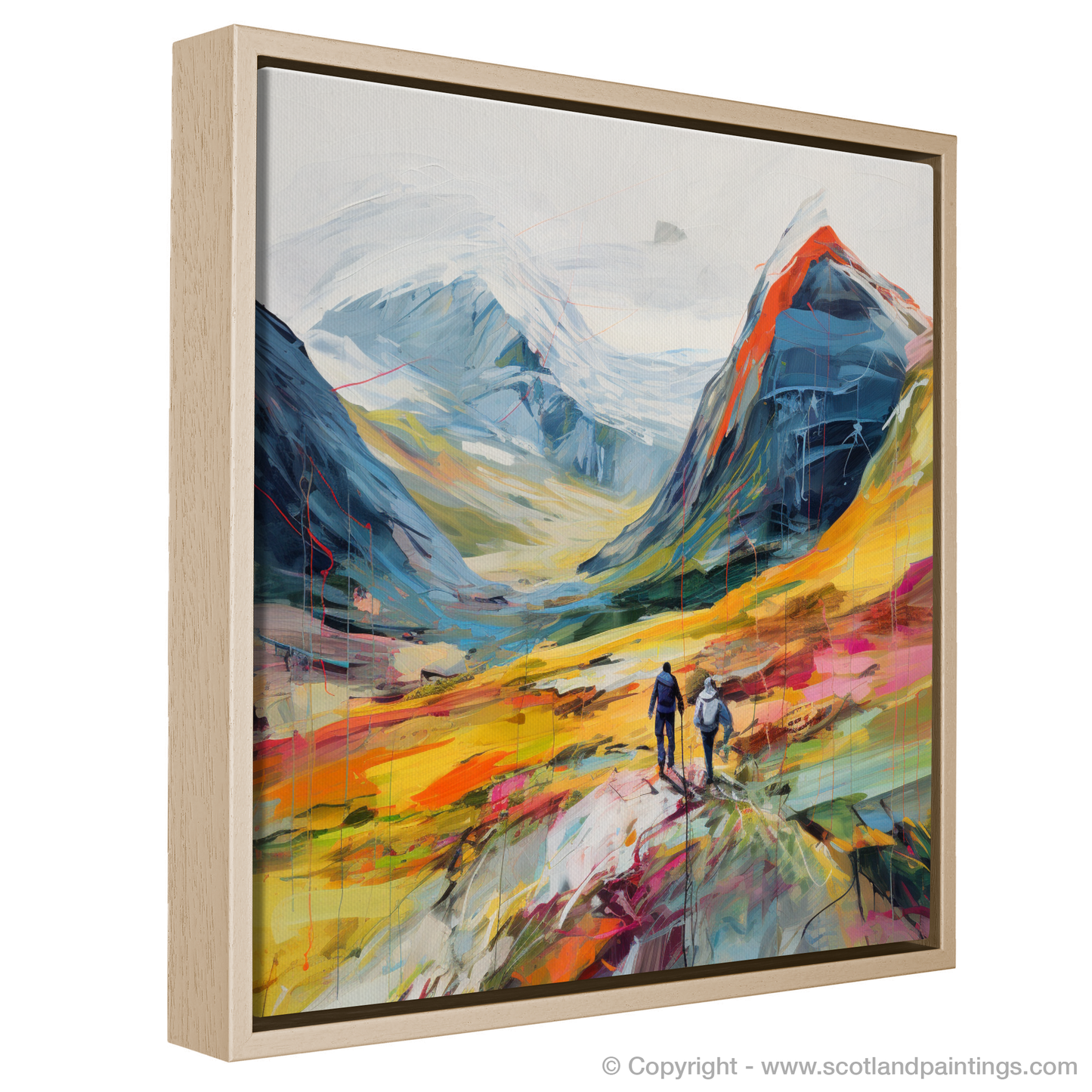 Painting and Art Print of Hikers in Glencoe. Hikers' Odyssey through the Vibrant Glencoe Highlands.