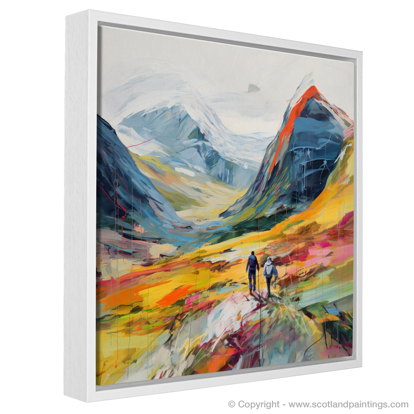 Painting and Art Print of Hikers in Glencoe. Hikers' Odyssey through the Vibrant Glencoe Highlands.