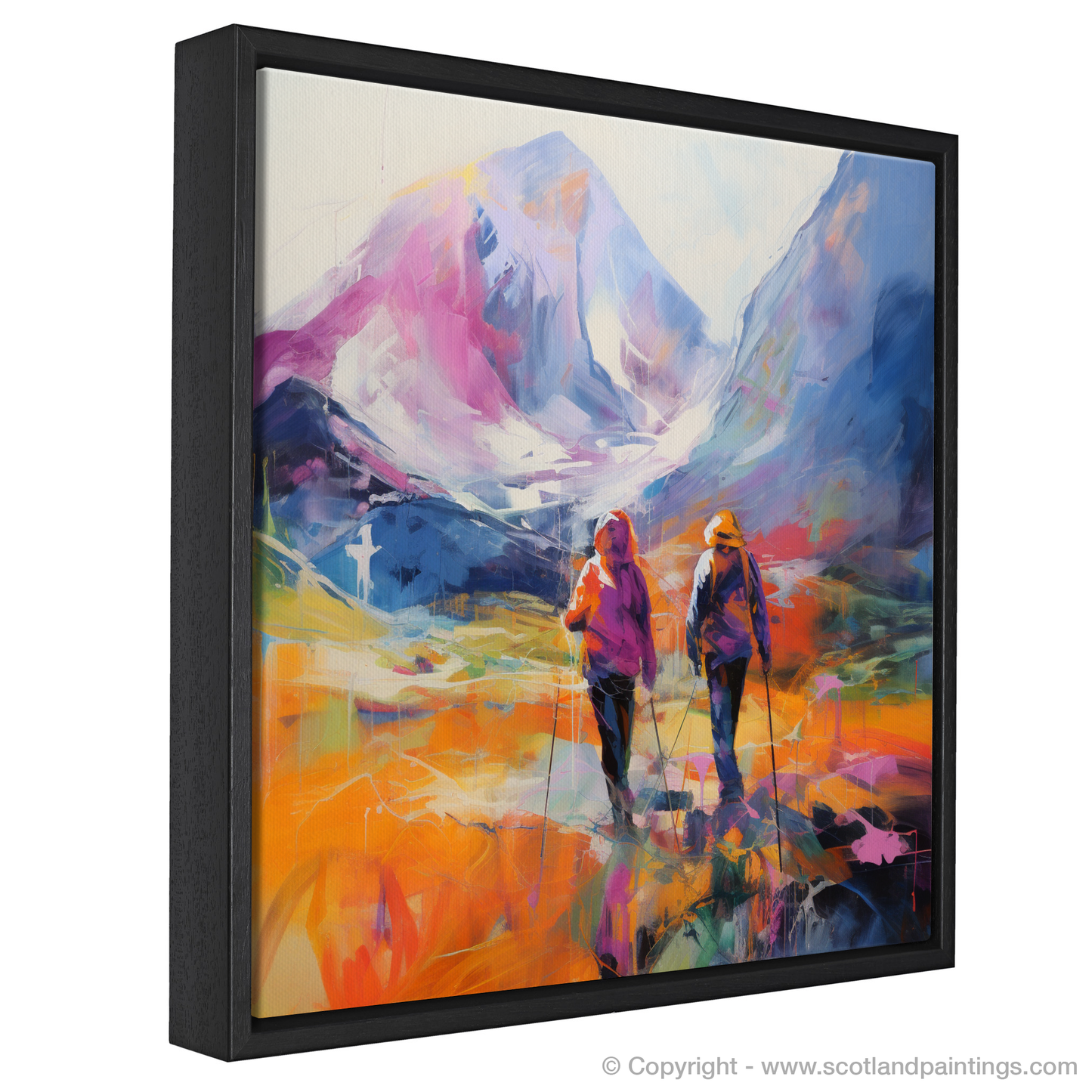 Painting and Art Print of Hikers in Glencoe entitled "Hikers' Odyssey through Vibrant Glencoe".