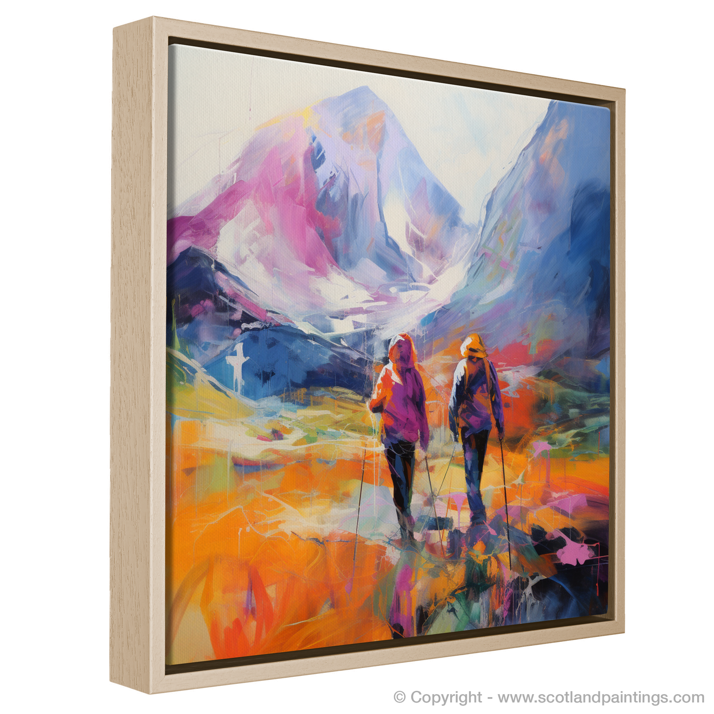 Painting and Art Print of Hikers in Glencoe entitled "Hikers' Odyssey through Vibrant Glencoe".