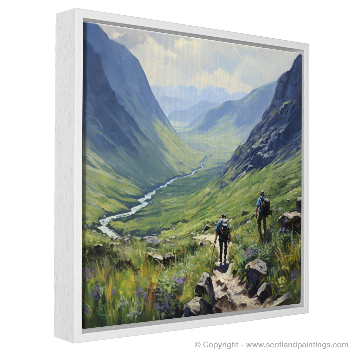 Painting and Art Print of Hikers in Glencoe entitled "Highland Wanderers in the Heart of Glencoe".