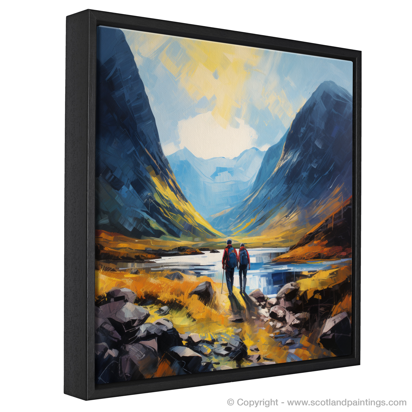 Painting and Art Print of Hikers in Glencoe entitled "Hikers in Glencoe: A minimalist ode to Scotland's natural majesty".