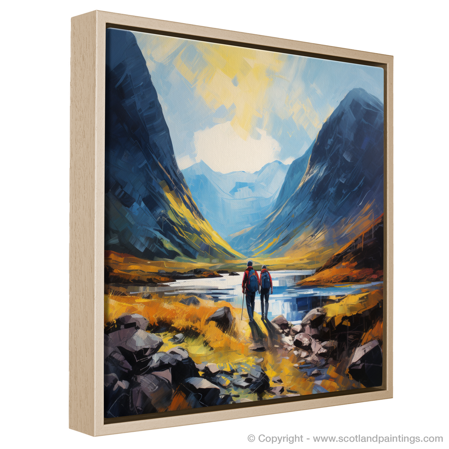 Painting and Art Print of Hikers in Glencoe entitled "Hikers in Glencoe: A minimalist ode to Scotland's natural majesty".