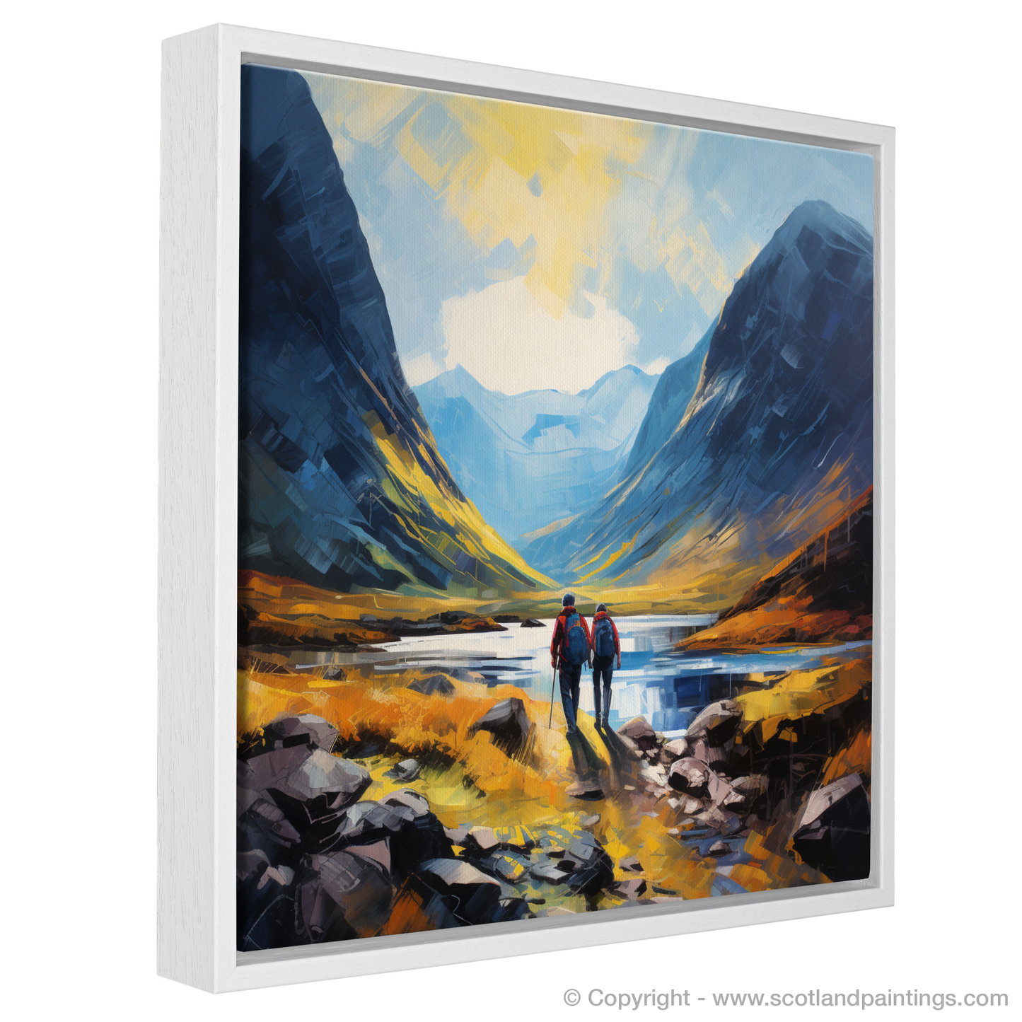 Painting and Art Print of Hikers in Glencoe entitled "Hikers in Glencoe: A minimalist ode to Scotland's natural majesty".