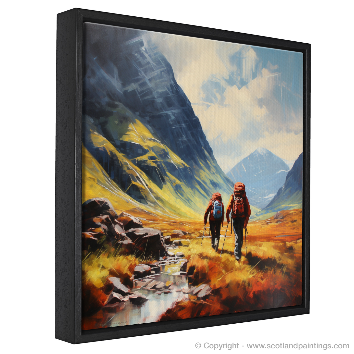 Painting and Art Print of Hikers in Glencoe entitled "Hikers' Haven in Glencoe: A Minimalist Ode to Scotland's Wild Terrain".