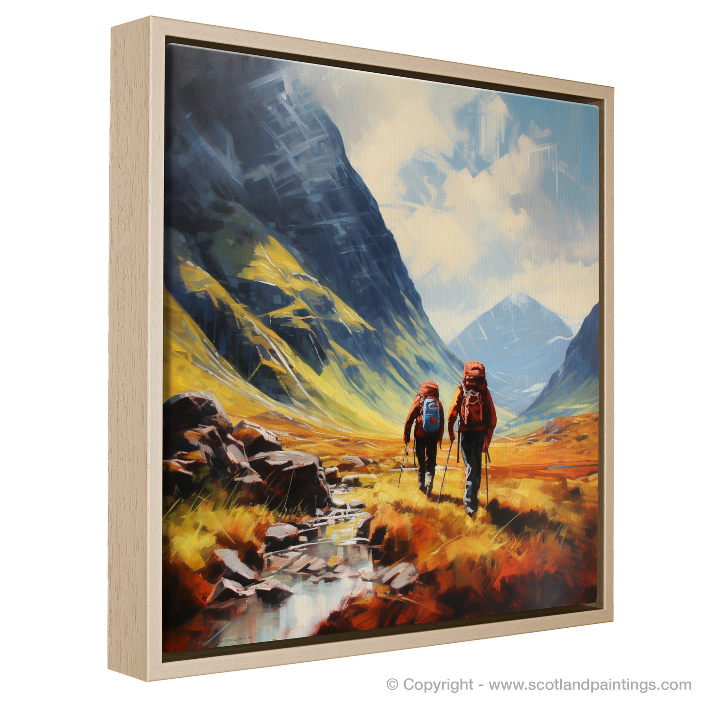 Painting and Art Print of Hikers in Glencoe entitled "Hikers' Haven in Glencoe: A Minimalist Ode to Scotland's Wild Terrain".