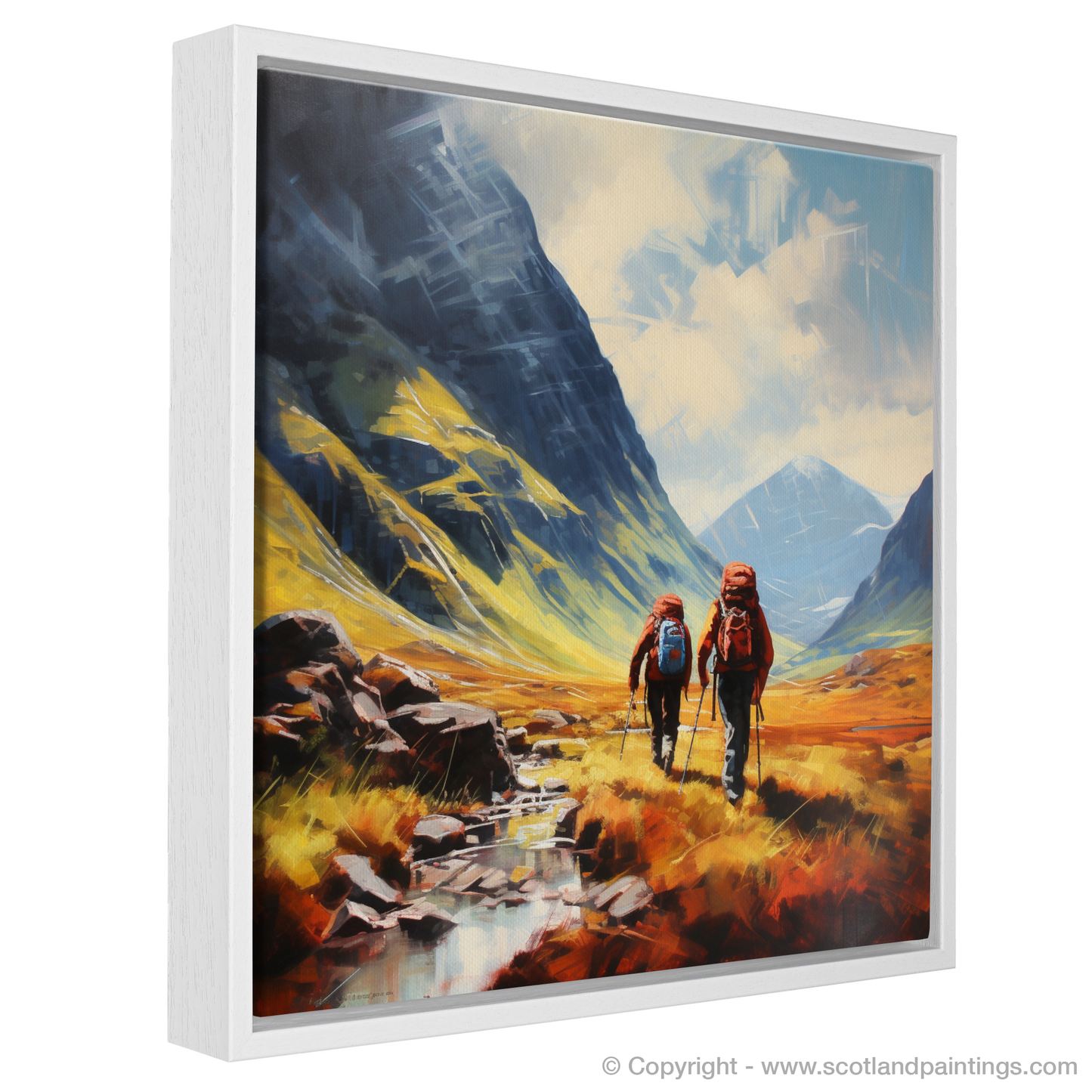 Painting and Art Print of Hikers in Glencoe entitled "Hikers' Haven in Glencoe: A Minimalist Ode to Scotland's Wild Terrain".