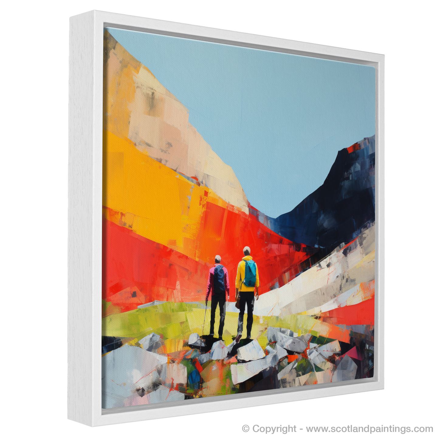 Painting and Art Print of Hikers in Glencoe entitled "Hikers in Glencoe: Minimalist Ode to Scottish Adventure".