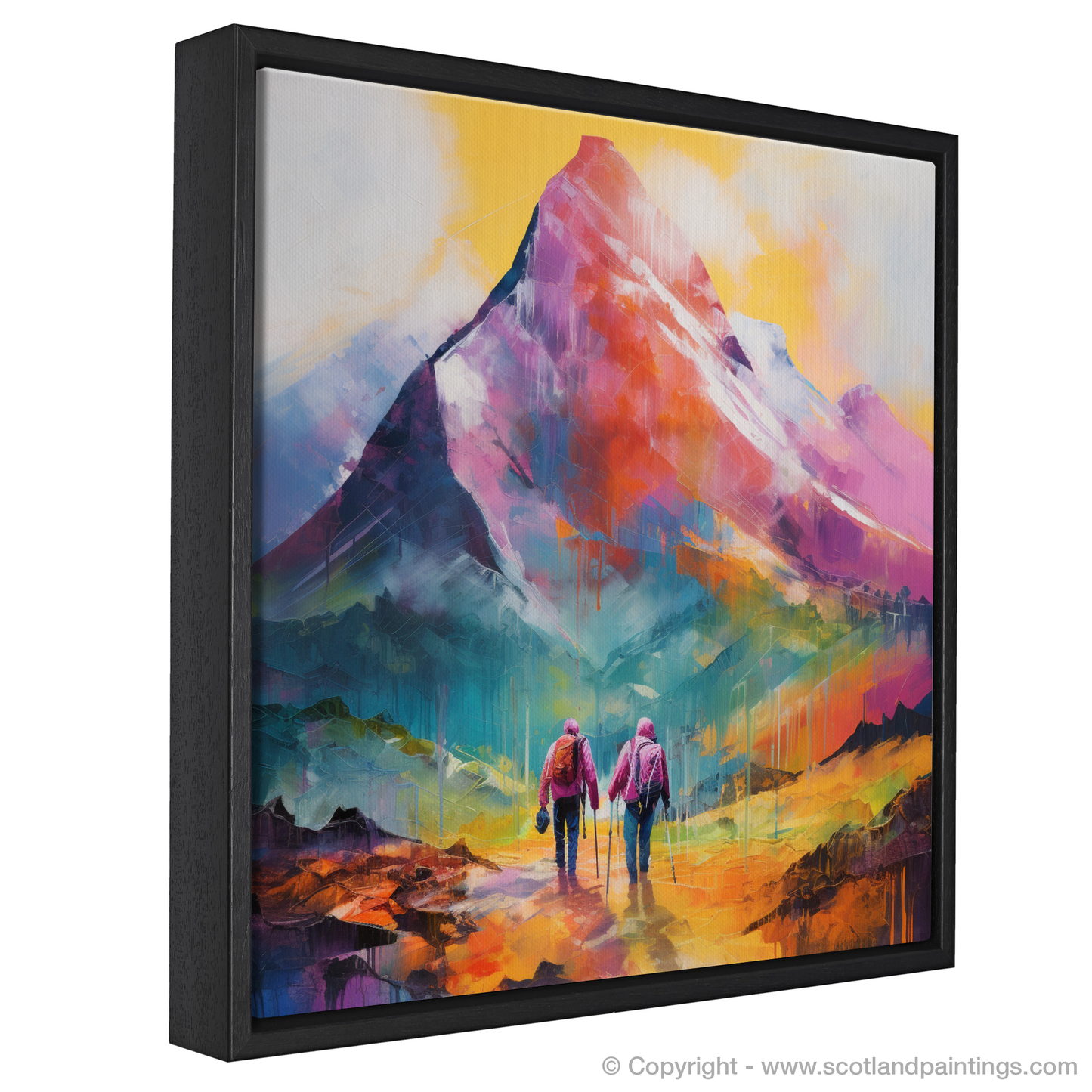 Painting and Art Print of Hikers in Glencoe entitled "Hikers' Journey Through the Colour Fields of Glencoe".