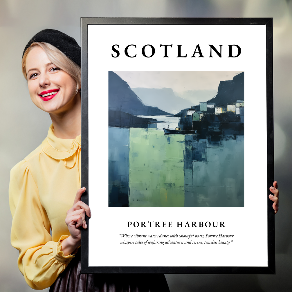 Person holding a poster of Portree Harbour