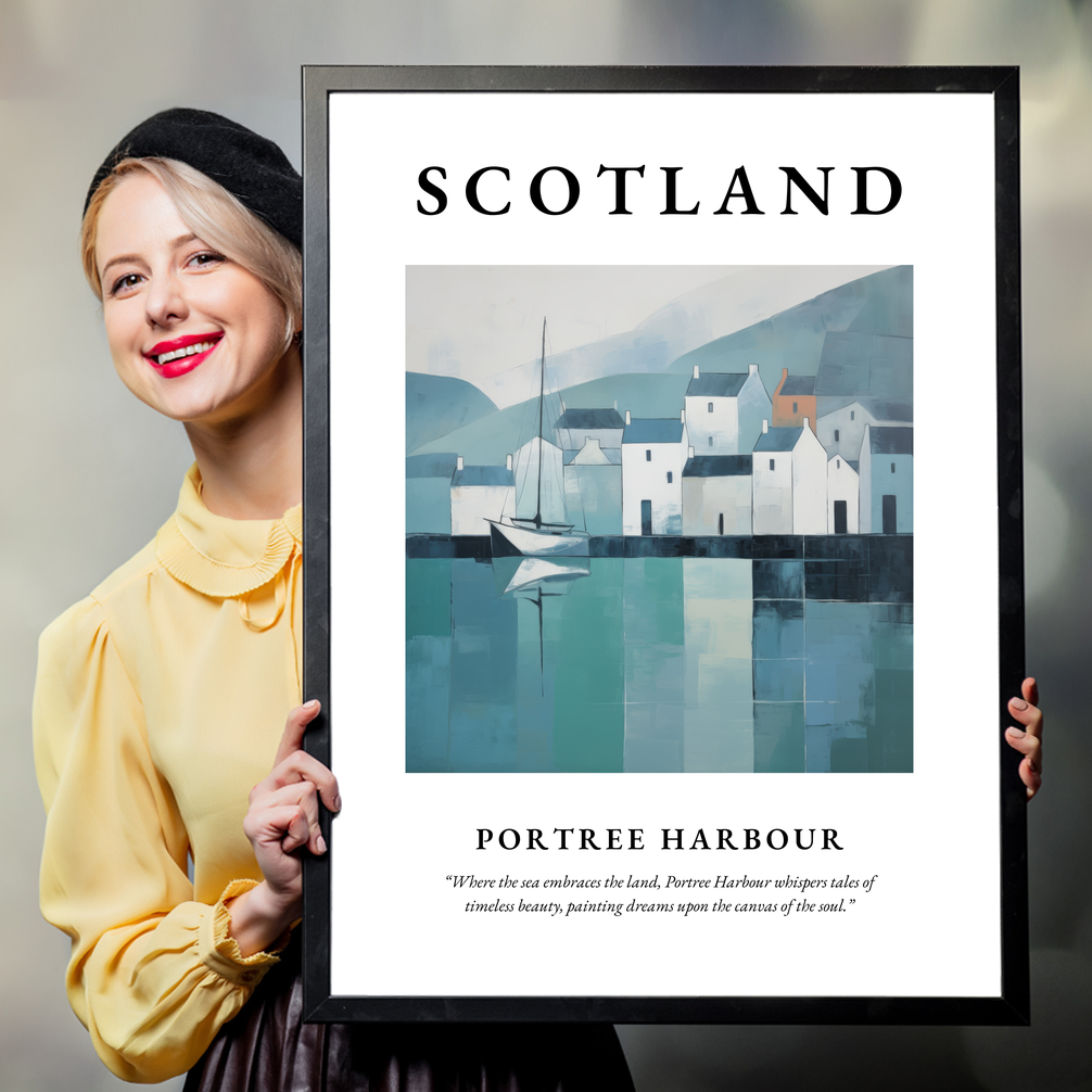 Person holding a poster of Portree Harbour