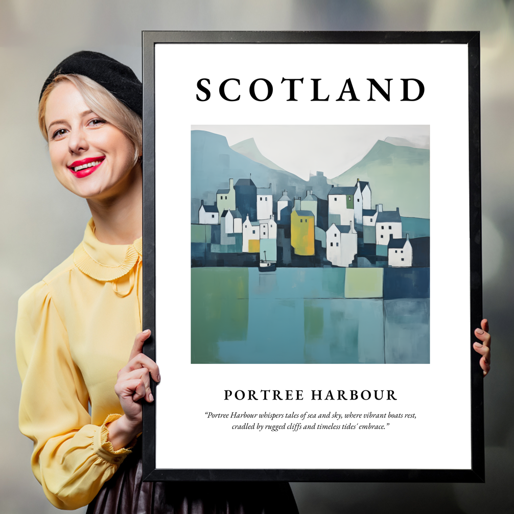 Person holding a poster of Portree Harbour