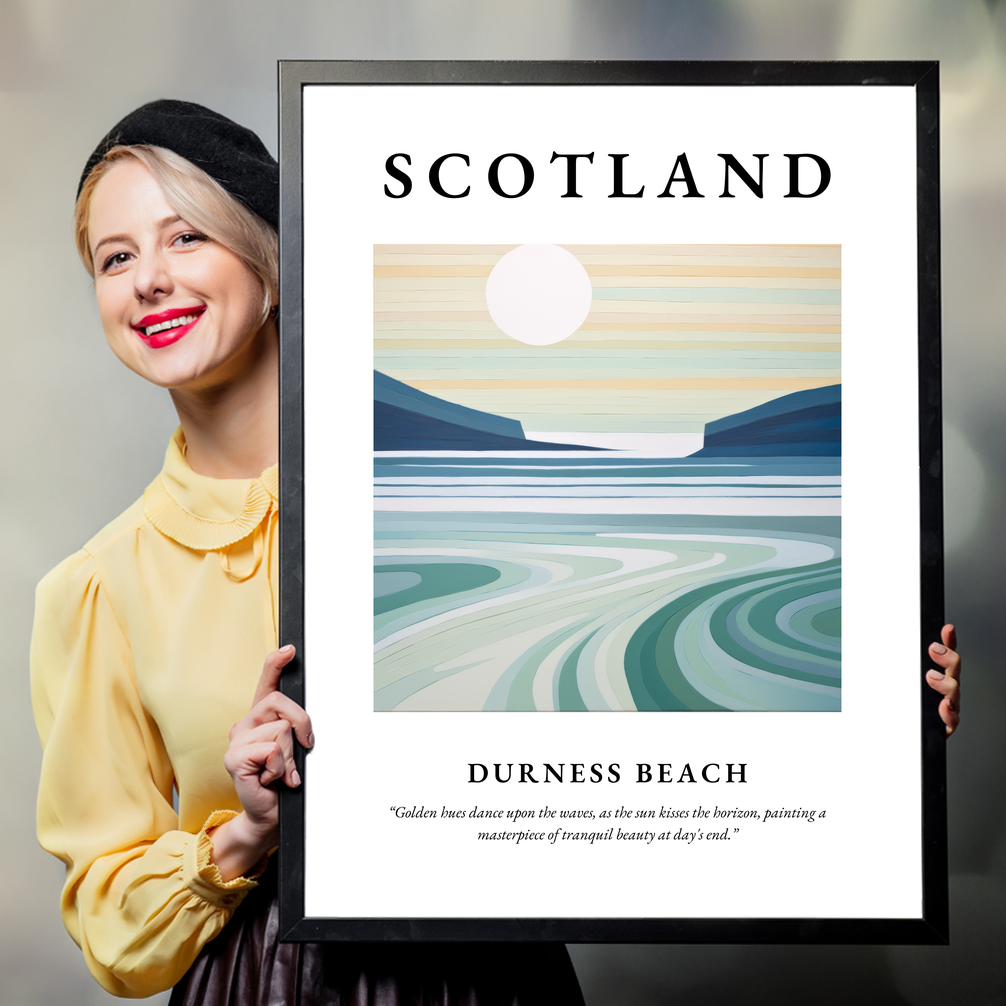 Person holding a poster of Durness Beach