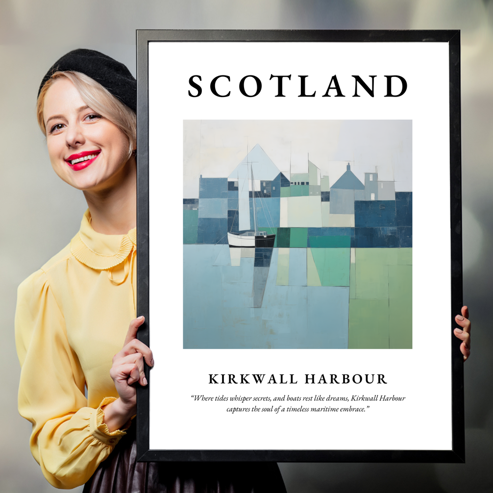 Person holding a poster of Kirkwall Harbour