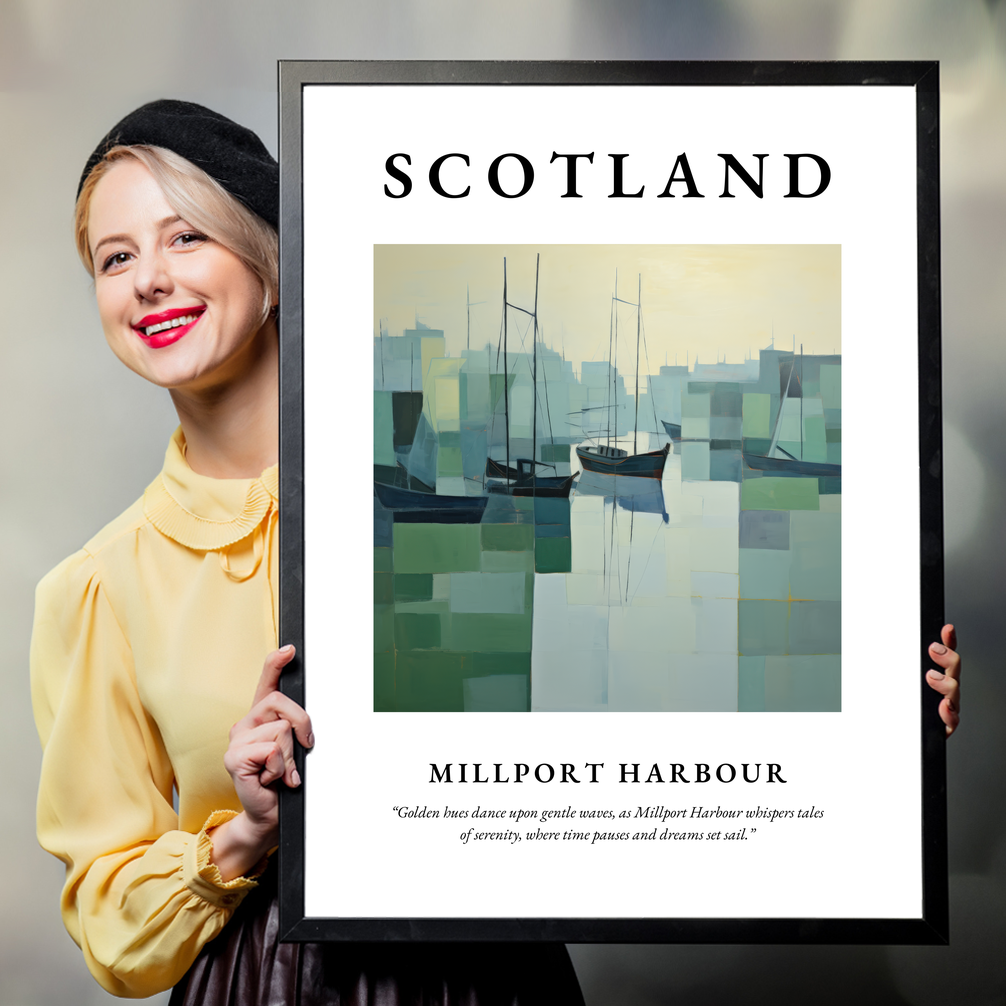 Person holding a poster of Millport Harbour