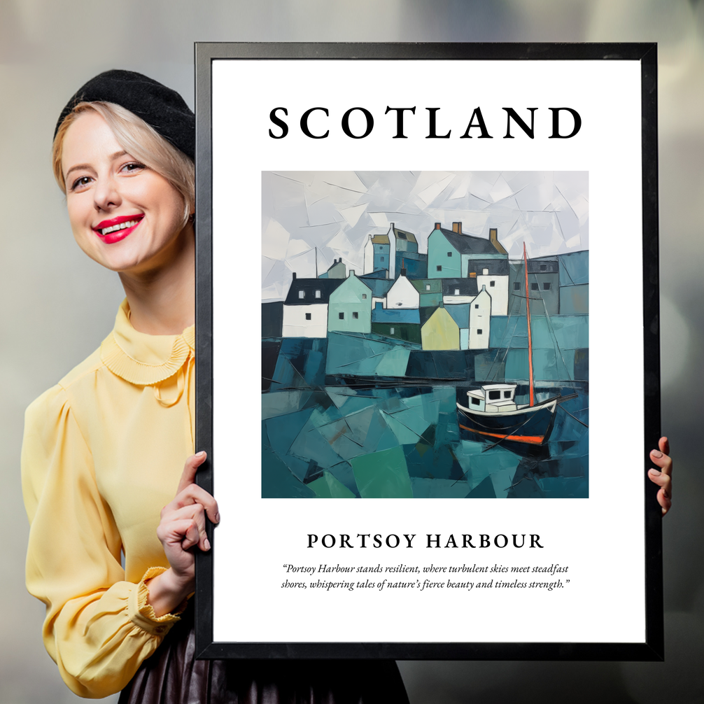 Person holding a poster of Portsoy Harbour