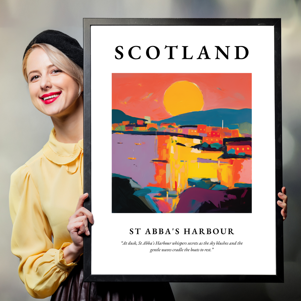 Person holding a poster of St Abba's Harbour