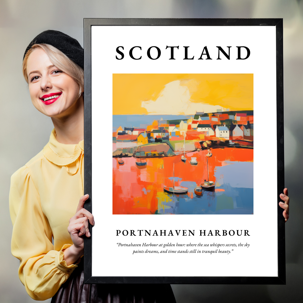 Person holding a poster of Portnahaven Harbour