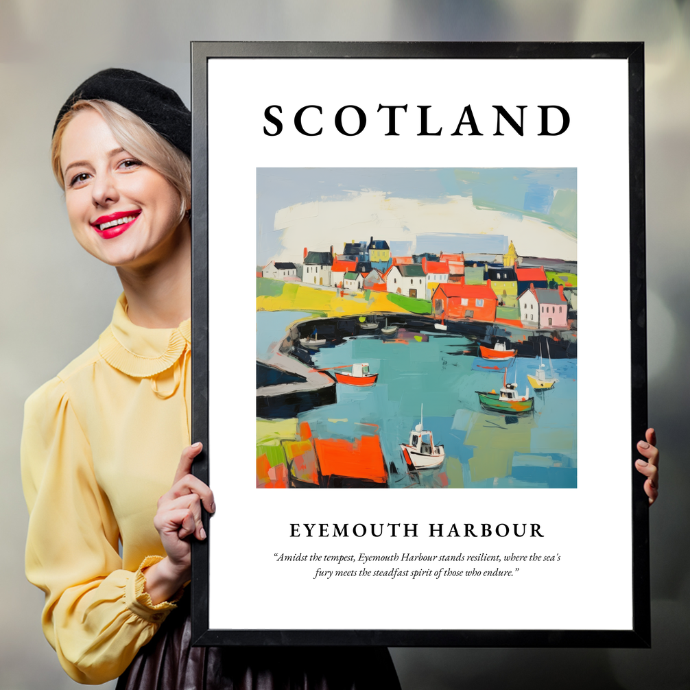 Person holding a poster of Eyemouth Harbour