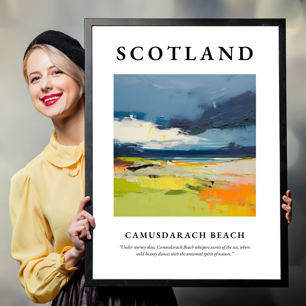 Person holding a poster of Camusdarach Beach